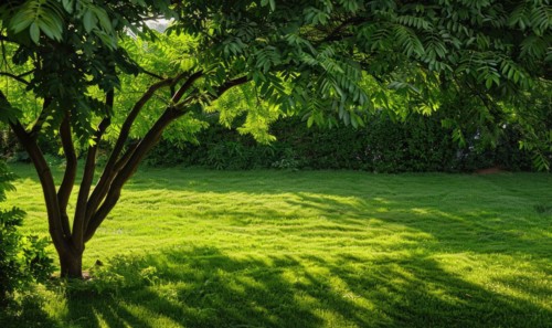 Laburnum tree branches casting shadows on a lush green lawn AI generated