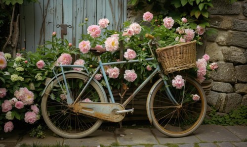 A vintage bicycle adorned with peony flowers in a basket AI generated