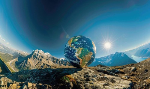 An Earth globe set against a mountain backdrop with a clear blue sky AI generated