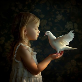A girl lovingly holds a dove in a dark room with patterned wallpaper, Destroyed houses, War, Dove