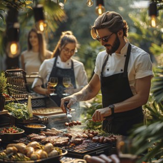 Barbecue party, guests with glasses in their hands stand around a chef who is grilling sausages and