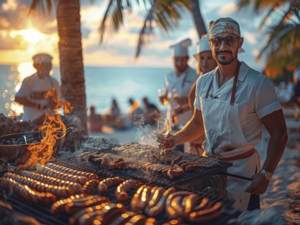 Barbecue party, guests with glasses in their hands stand around a chef who is grilling sausages and