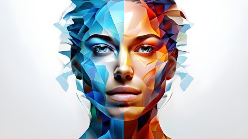AI generated human portrait transitioning from lifelike human to a pixelated digital effect