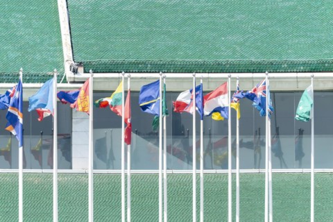 Many flags in front of the United Nations Conference Centre, Bangkok, Thailand, Asia