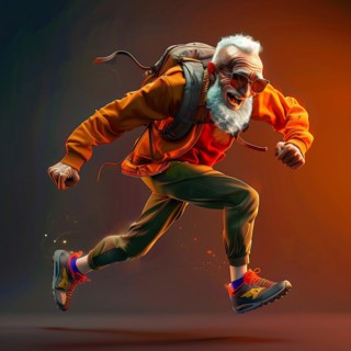 An enthusiastic senior in sportswear runs in front of a dark background, start running, advert,