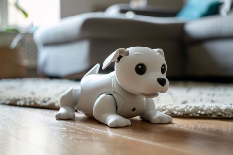Cute robotic dog on livingr oom floor. KI generiert, generiert, AI generated