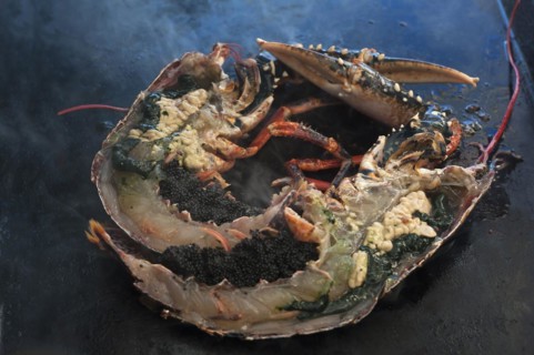 Grilled lobster (homarus) with kabviar and vegetables on a plancha, Atlantic coast, Vandee, France,