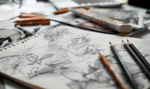 A sketchpad with pencil sketches and doodles scattered across its pages AI generated
