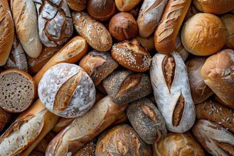 Top view of many different types of bread. KI generiert, generiert, AI generated