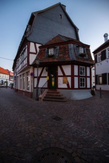 View of an old town, half-timbered houses and streets in a town. Seligenstadt am Main, Hesse