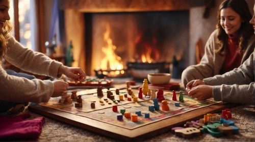 Group of people engrossed in playing a strategic board game by a cozy fireplace, AI Generated, AI