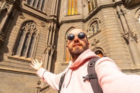 Selfie of a tourist visiting the Church of San Juan Bautista, Arucas Cathedral, Gran Canaria,