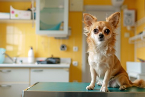 Chihuahua dog at vet. Sitting on examination table at veterinary practice clinic. KI generiert,