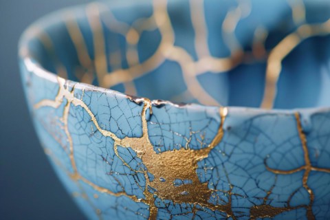 Japanese Kintsugi bowl with ceramic repair technique that uses lacquer mixed with powdered gold. KI