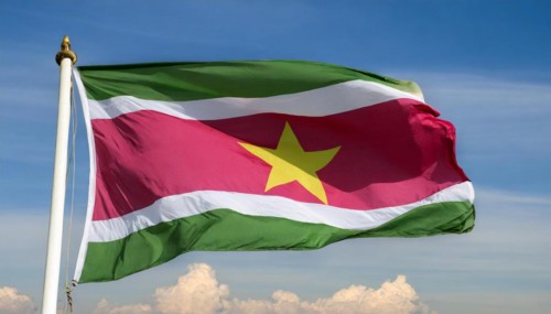 The flag of Suriname, fluttering in the wind, isolated, against the blue sky