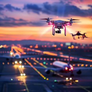 Drone in flight in front of a landing aircraft and an illuminated runway at night, drone, attack,