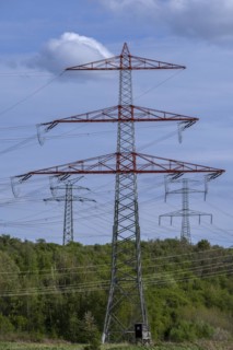Power pylons with high-voltage lines near the Avacon substation Helmstedt, Helmstedt, Lower Saxony,