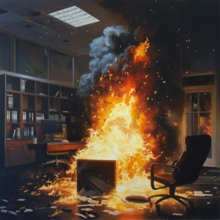 An office burns, paper swirls through the air and dramatic light penetrates the thick smoke, AI