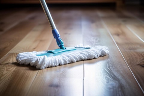 Flat mop cleaning hardwood floor. KI generiert, generiert, AI generated