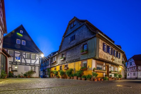 View of an old town, half-timbered houses and streets in a town. Seligenstadt am Main, Hesse
