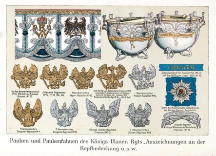 Flags, timpani, timpani flags, helmet fittings, Gibraltar ribbon etc., decorations, dragoons,