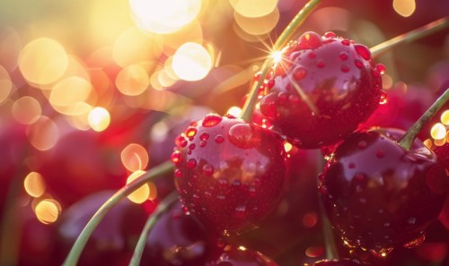Close-up of a cluster of ripe cherries glistening in the sunlight AI generated