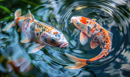 Close-up of a pair of koi fish swimming in a pond AI generated
