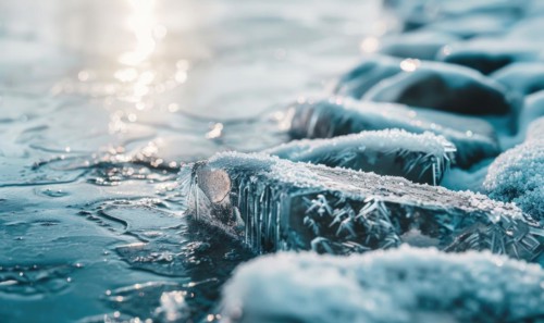 Close-up of frost-covered rocks along the edge of a frozen lake AI generated