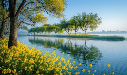 A serene lakeside landscape with trees lining the shore AI generated