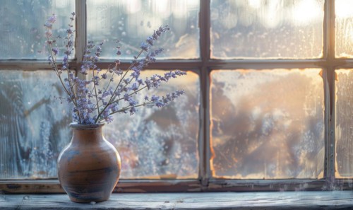 A vintage window sill with a ceramic vase containing lavender flower AI generated