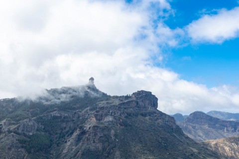 Beautiful landscape of Roque Nublo with fog from a viewpoint. Gran Canaria, Spain, Europe