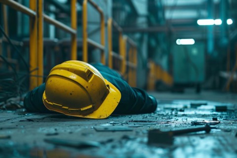 Worker with safety helmet lying on warehouse floor after accident. KI generiert, generiert, AI