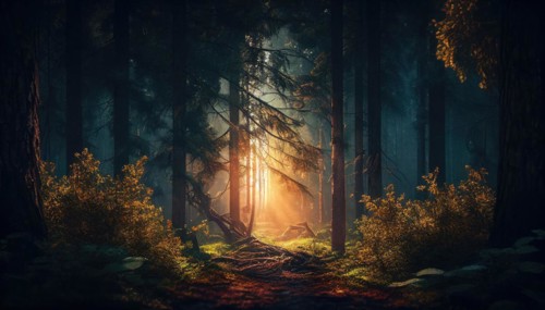 Golden hour sunrise in the enchanting misty forest with tranquil sunrays and magical woodland
