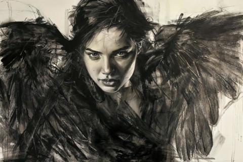 Portrait of a woman in sketchy style, with raven wings around her, raven woman, cover design, AI