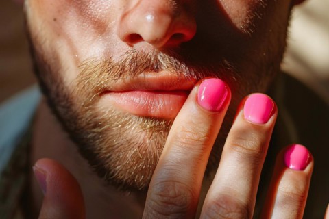 Man's hand with pink nail color. KI generiert, generiert, AI generated
