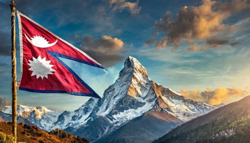 The flag of Nepal, fluttering in the wind, isolated against a blue sky