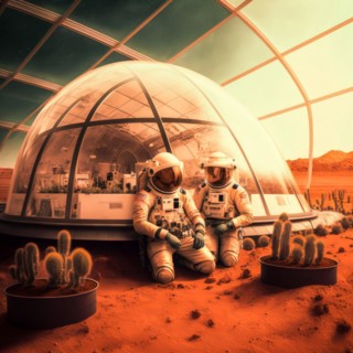 Hydroponic greenhouses installed on mars. Future vision of human colonization on other planets.