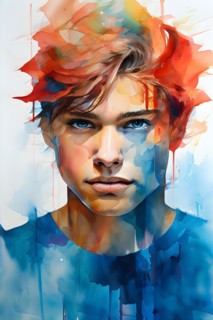 AI generated human portrait transitioning from lifelike human to a pixelated digital effect