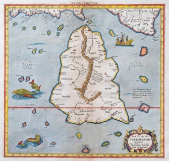 Sri Lanka as the mythical island of Taprobana, hand-coloured copperplate engraving by Gerhard