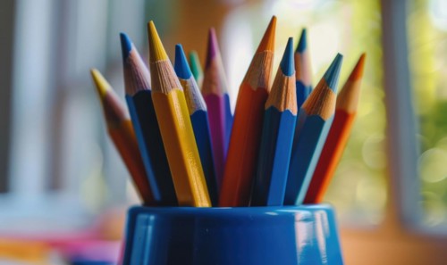 Close-up of a bunch of colored pencils, abstract background with colored pencils macro view AI