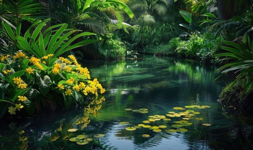 A tranquil pond surrounded by lush greenery AI generated
