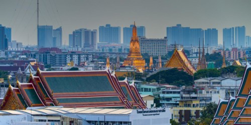 Panorama from Golden Mount to the illuminated Wat Ratchabophit, Wat Rachapradit, Wat Pho and Wat