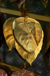 Inscribed gold plates from wishing bells or offering bells, Golden Mount, Bangkok, Thailand, Asia