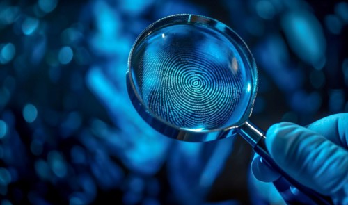Crime scene with investigator wearing surgical glove viewing A fingerprint through the glass of a