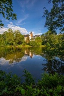 View of an old town, half-timbered houses in a town. Streets and bridges at the river Lahn in the