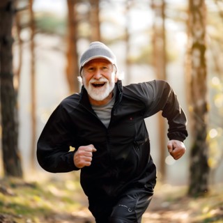 An older man runs smiling in sportswear in a sun-drenched forest, start running, start, advert,