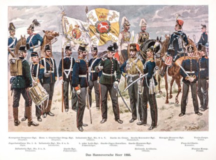 Historical, coloured illustration, colour plate uniforms of the Hanoverian army 1866, soldiers and