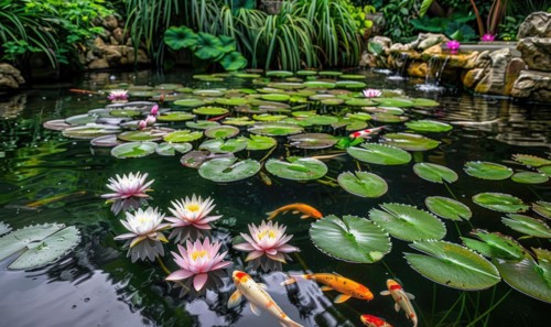 A garden pond adorned with koi fish swimming among water lilies and lush greenery AI generated