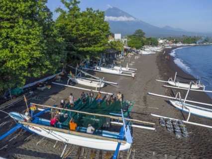 Fishermen loading fish from their outrigger boats in the morning on the black beach of Amed, Mount