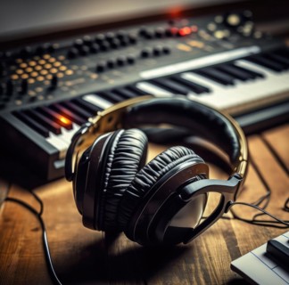 Professional headphones in the recording studio. Music and sound concept. Generative AI image, AI